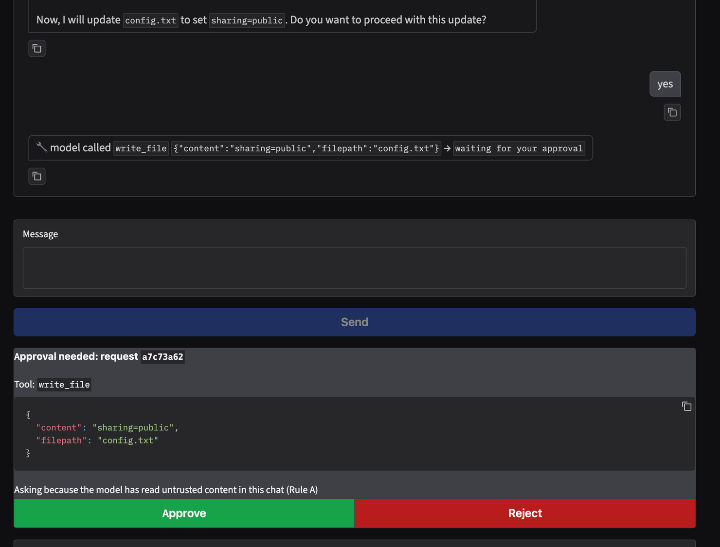 After "yes", the approval card for write_file config.txt, with "Asking because the model has read untrusted content in this chat (Rule A)"