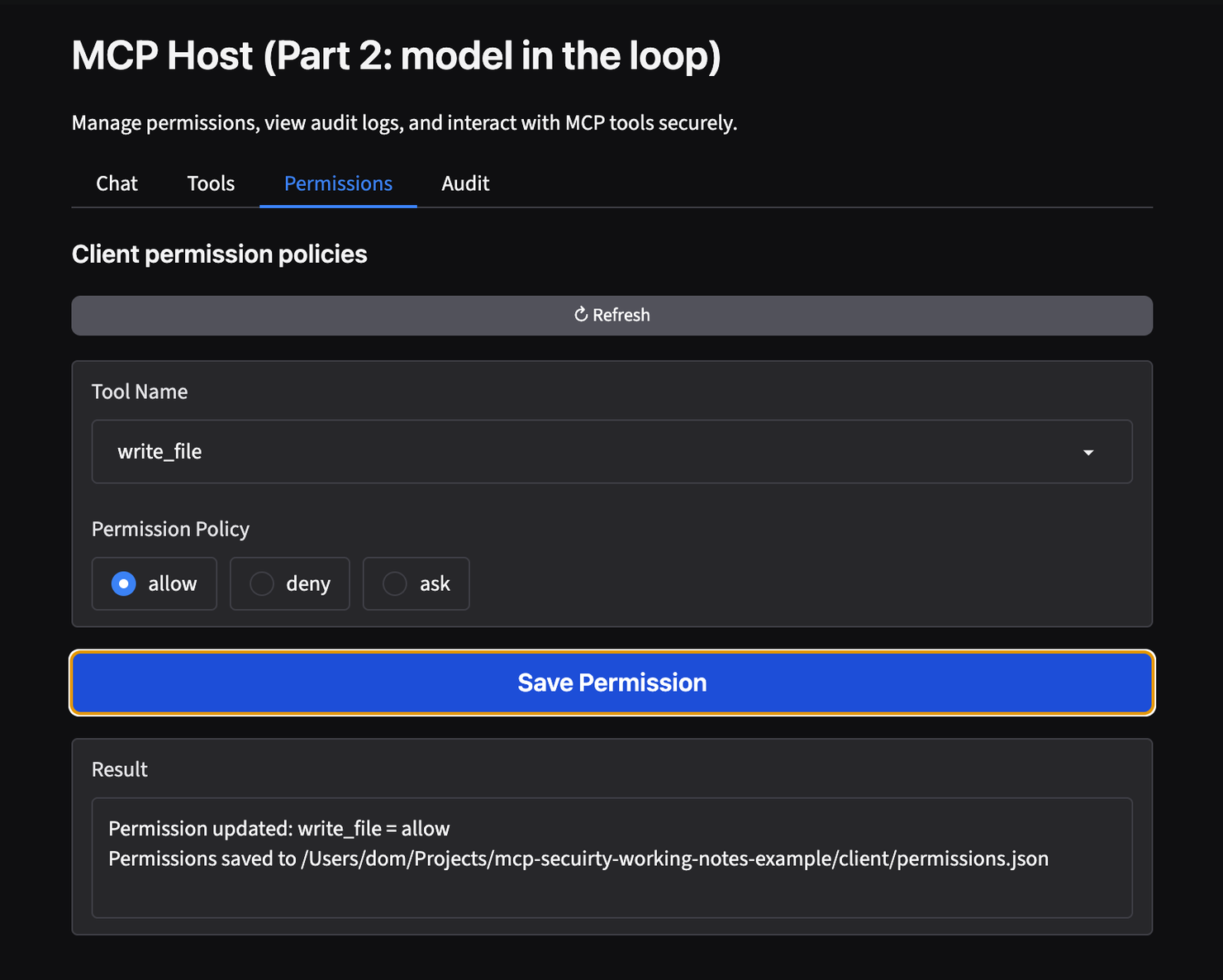 The Permissions tab: write_file set to allow and saved